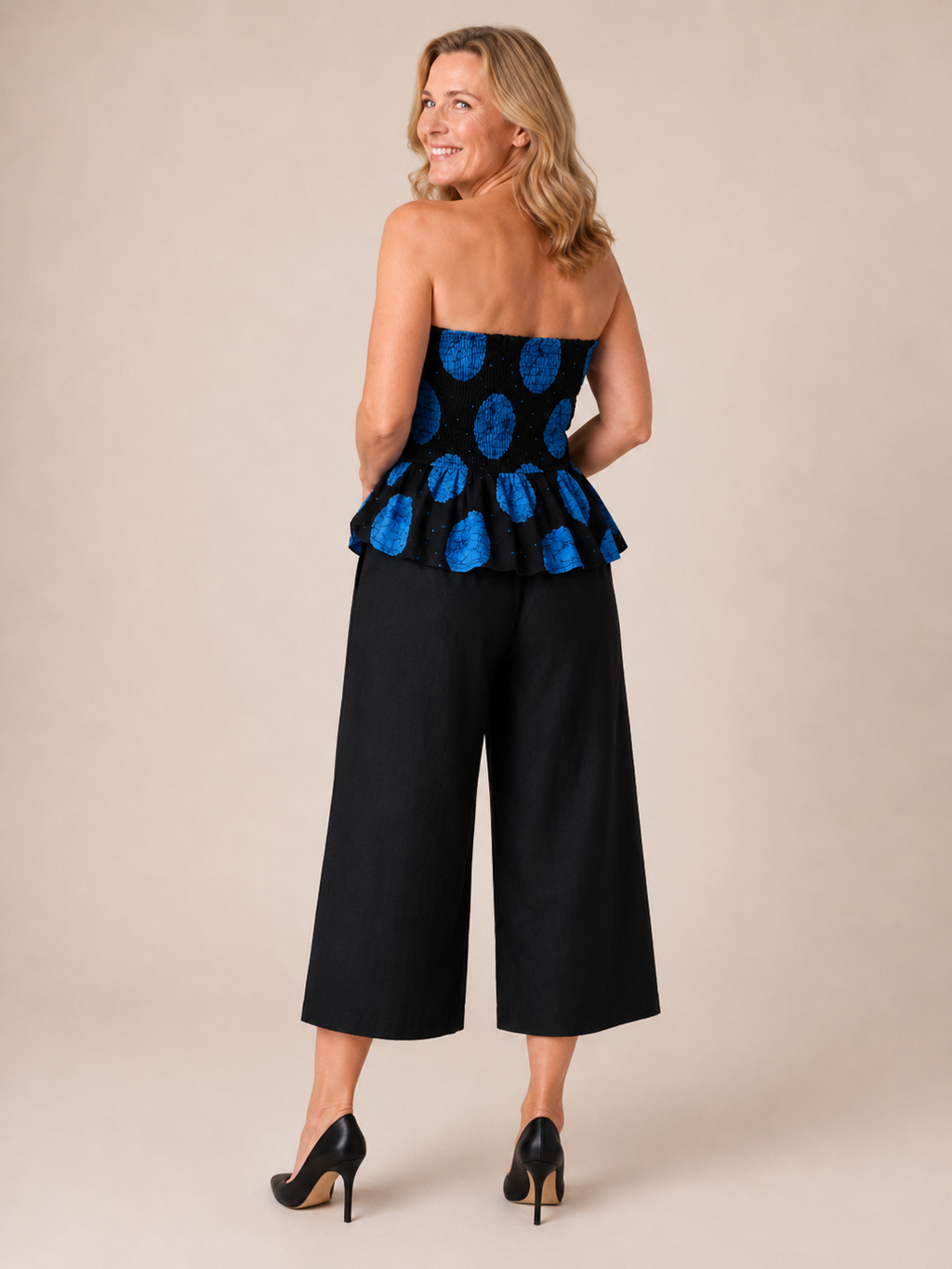 JIRU Blue & Black Smocked Peplum Trouser Co-ord Set for Women