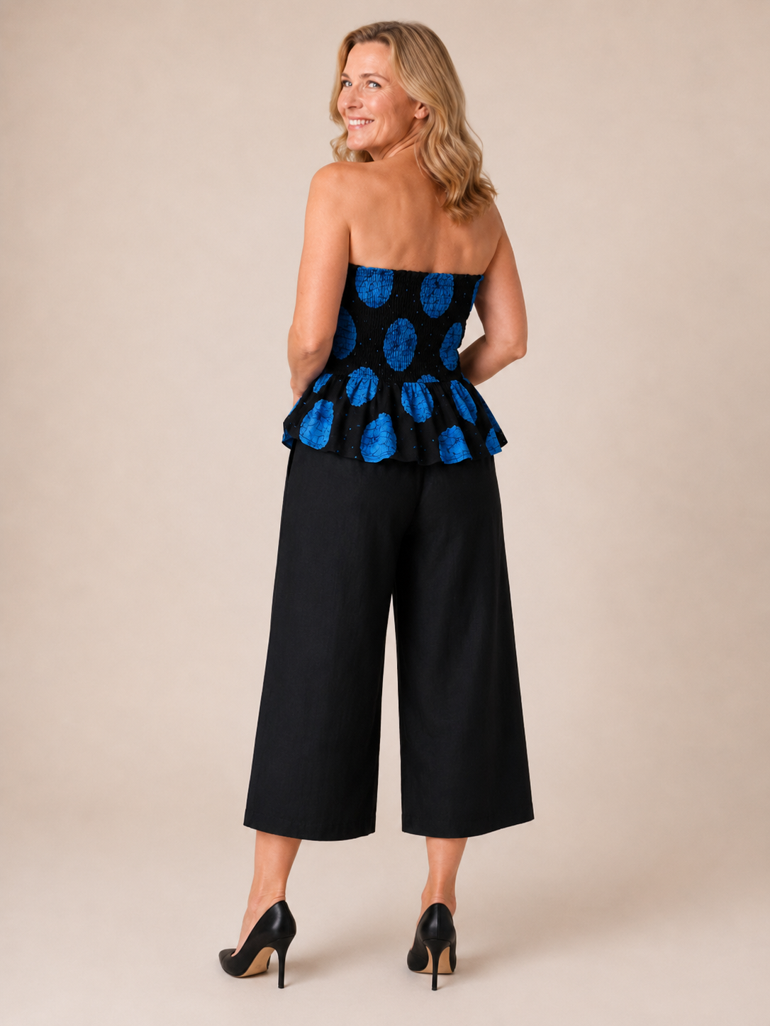 JIRU Blue & Black Smocked Peplum Trouser Co-ord Set for Women