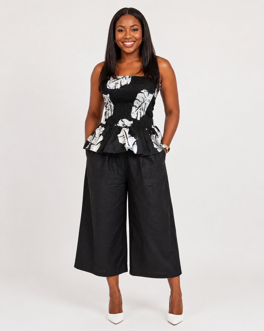 JIRU Monochrome Smocked Peplum Trouser Co-ord Set