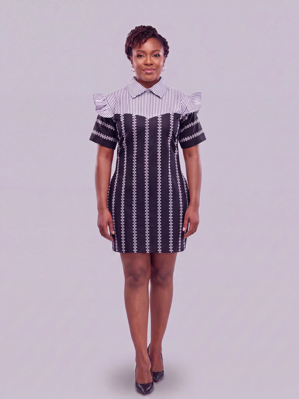 ADEOLA Monochrome Elegance Pocket Dress – Fully Lined African Print Shift Dress