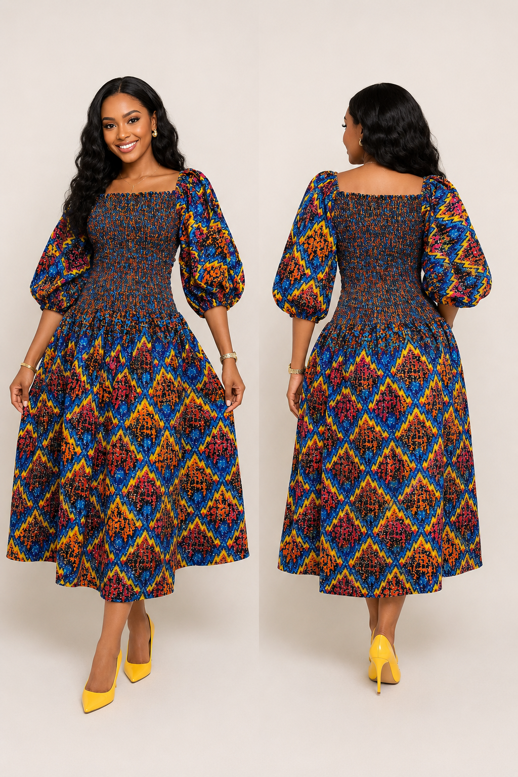 OKI Smocked Flared African Print Gown with Adjustable Elastic Neckline