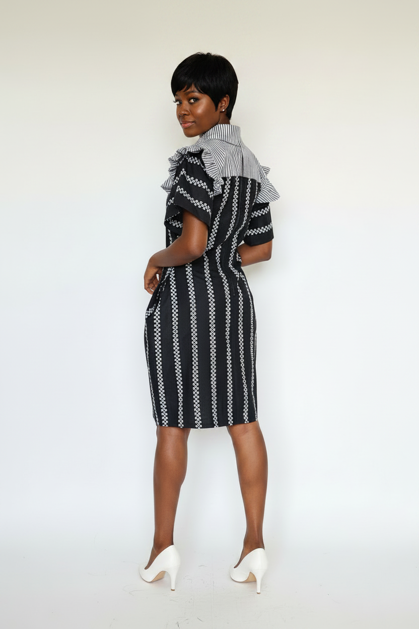 ADEOLA Monochrome Elegance Pocket Dress – Fully Lined African Print Shift Dress
