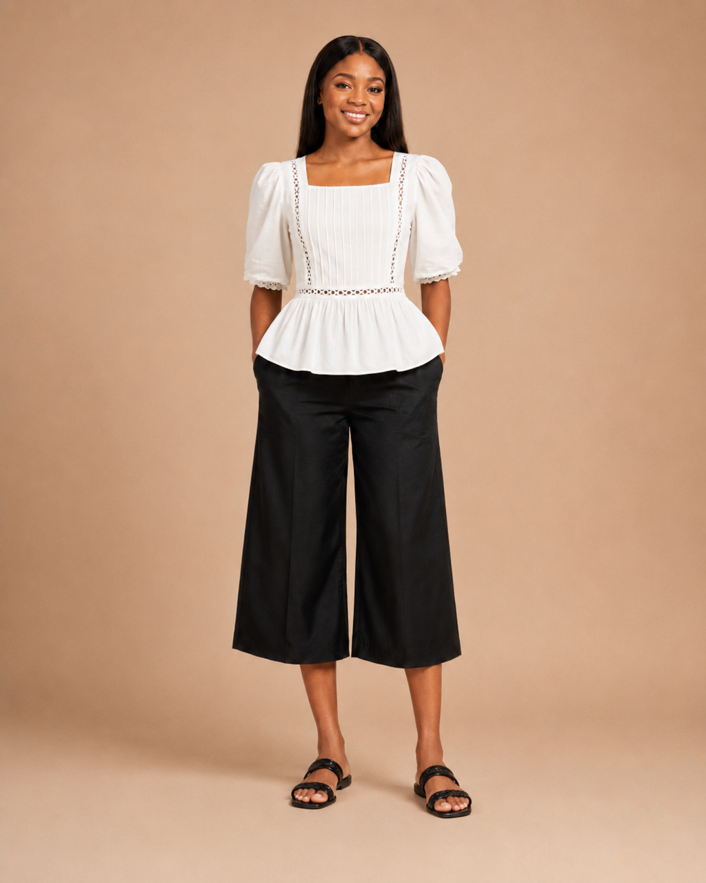 JIRU Black & White Smocked Peplum Trouser Co-ord Set