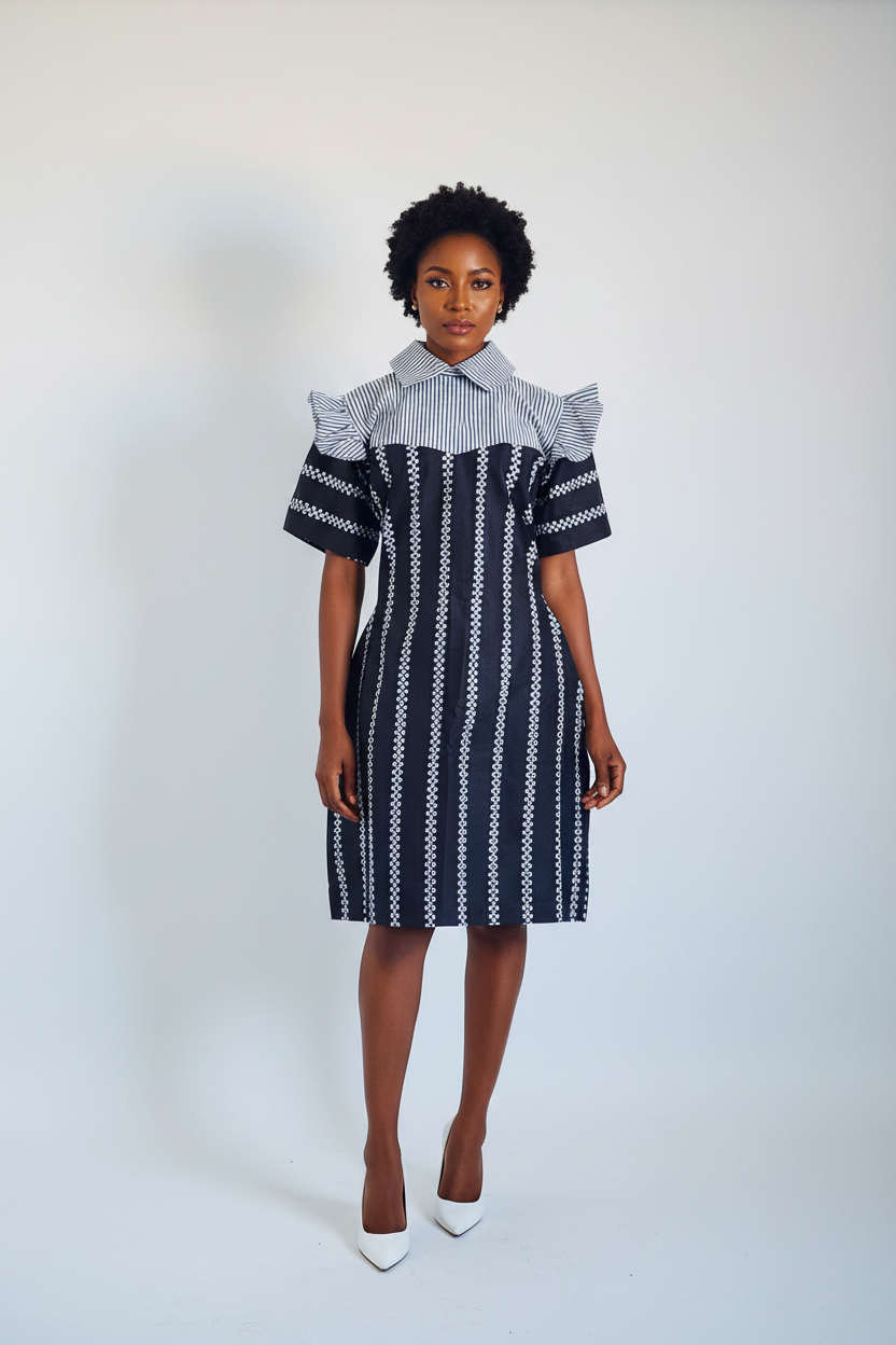 ADEOLA Monochrome Elegance Pocket Dress – Fully Lined African Print Shift Dress