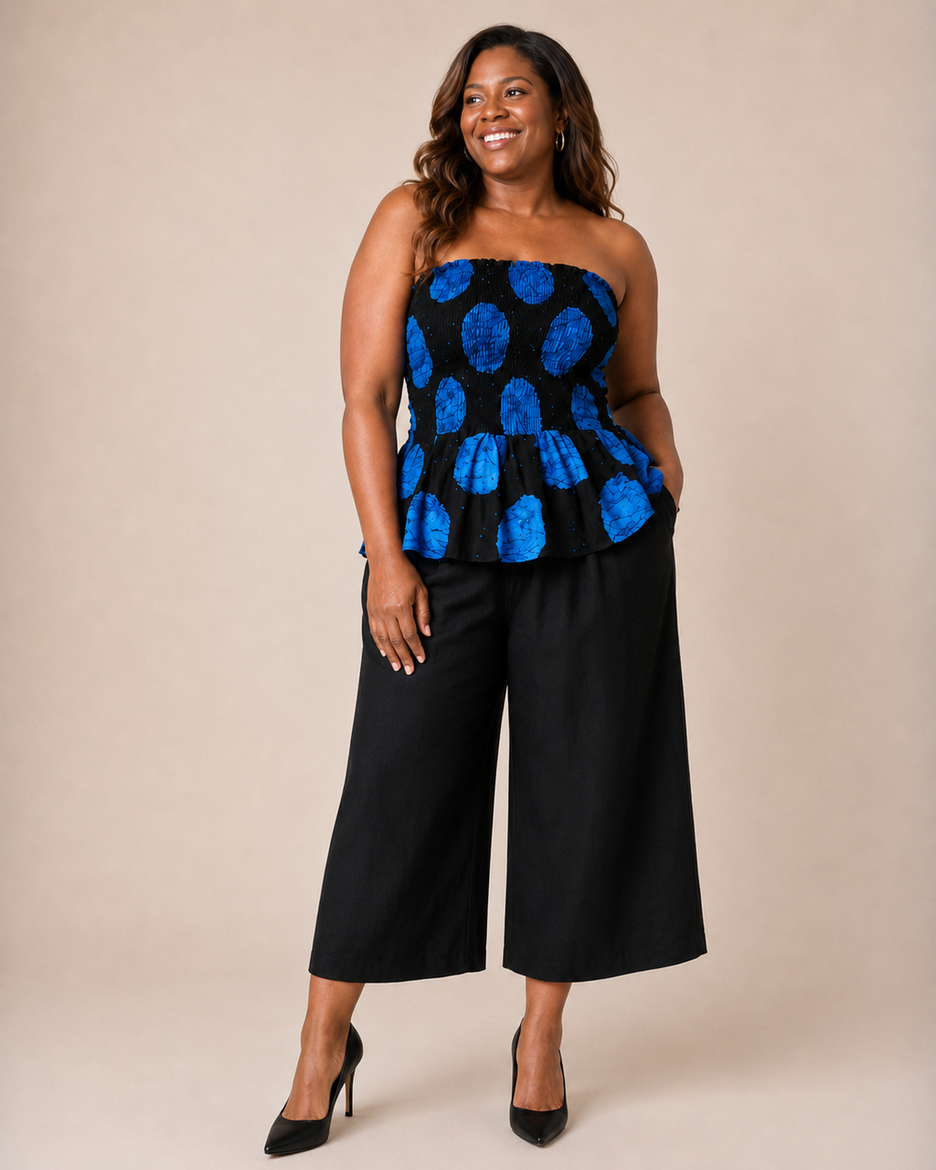 JIRU Blue & Black Smocked Peplum Trouser Co-ord Set for Women