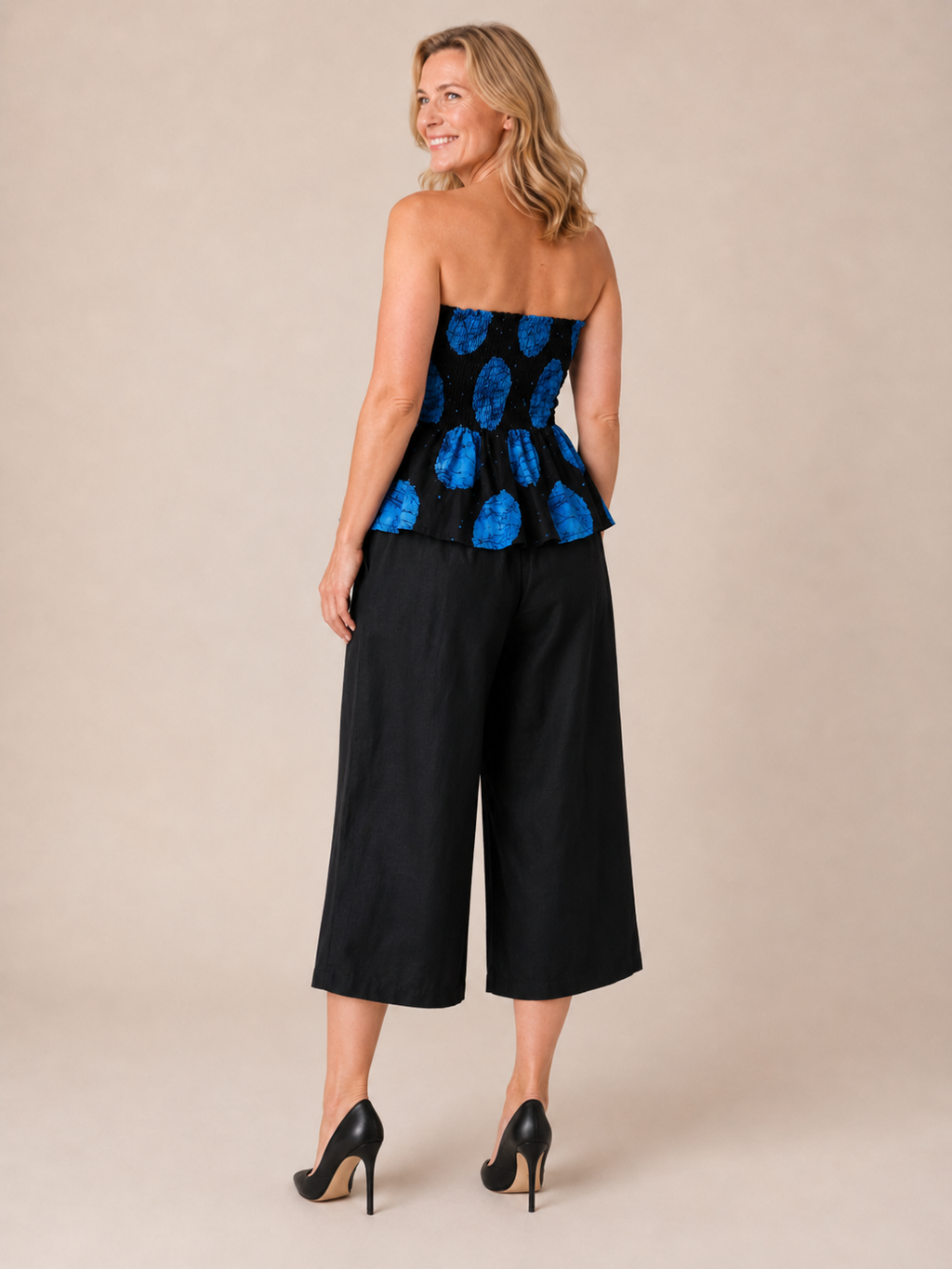 JIRU Blue & Black Smocked Peplum Trouser Co-ord Set for Women