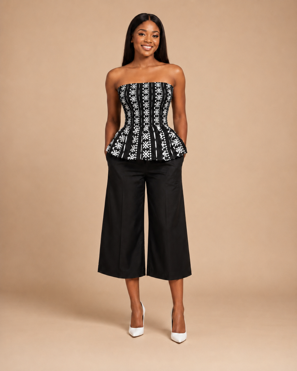JIRU Black & White Smocked Peplum Trouser Co-ord Set