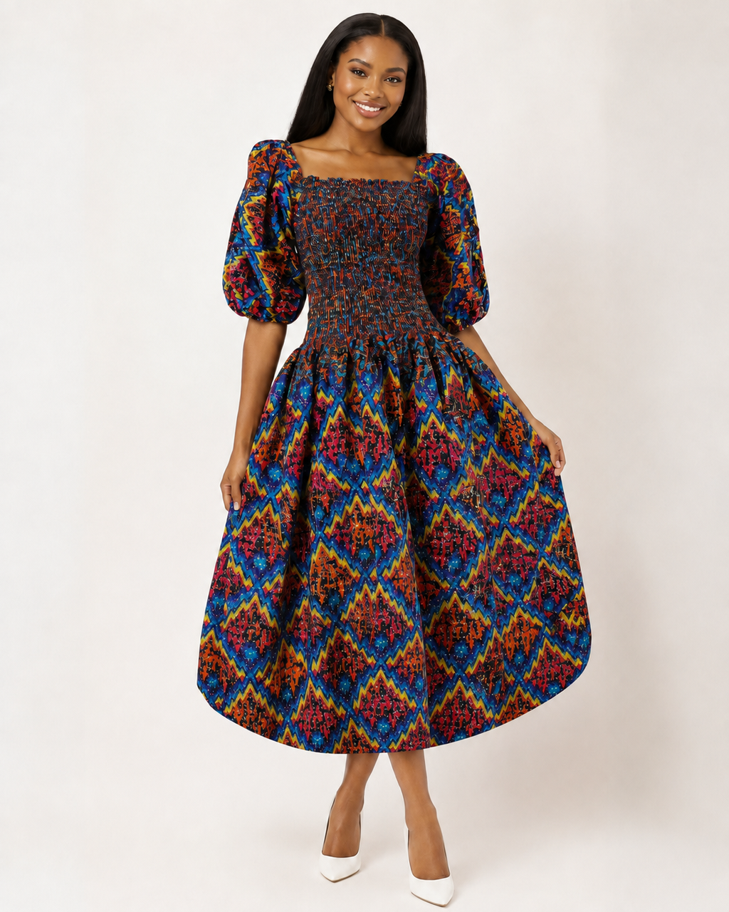 OKI Smocked Flared African Print Gown with Adjustable Elastic Neckline