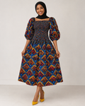 OKI Smocked Flared African Print Gown with Adjustable Elastic Neckline