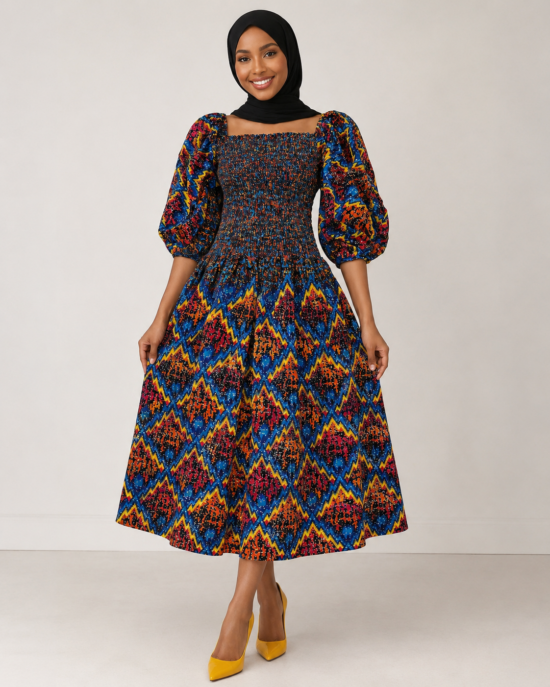 OKI Smocked Flared African Print Gown with Adjustable Elastic Neckline