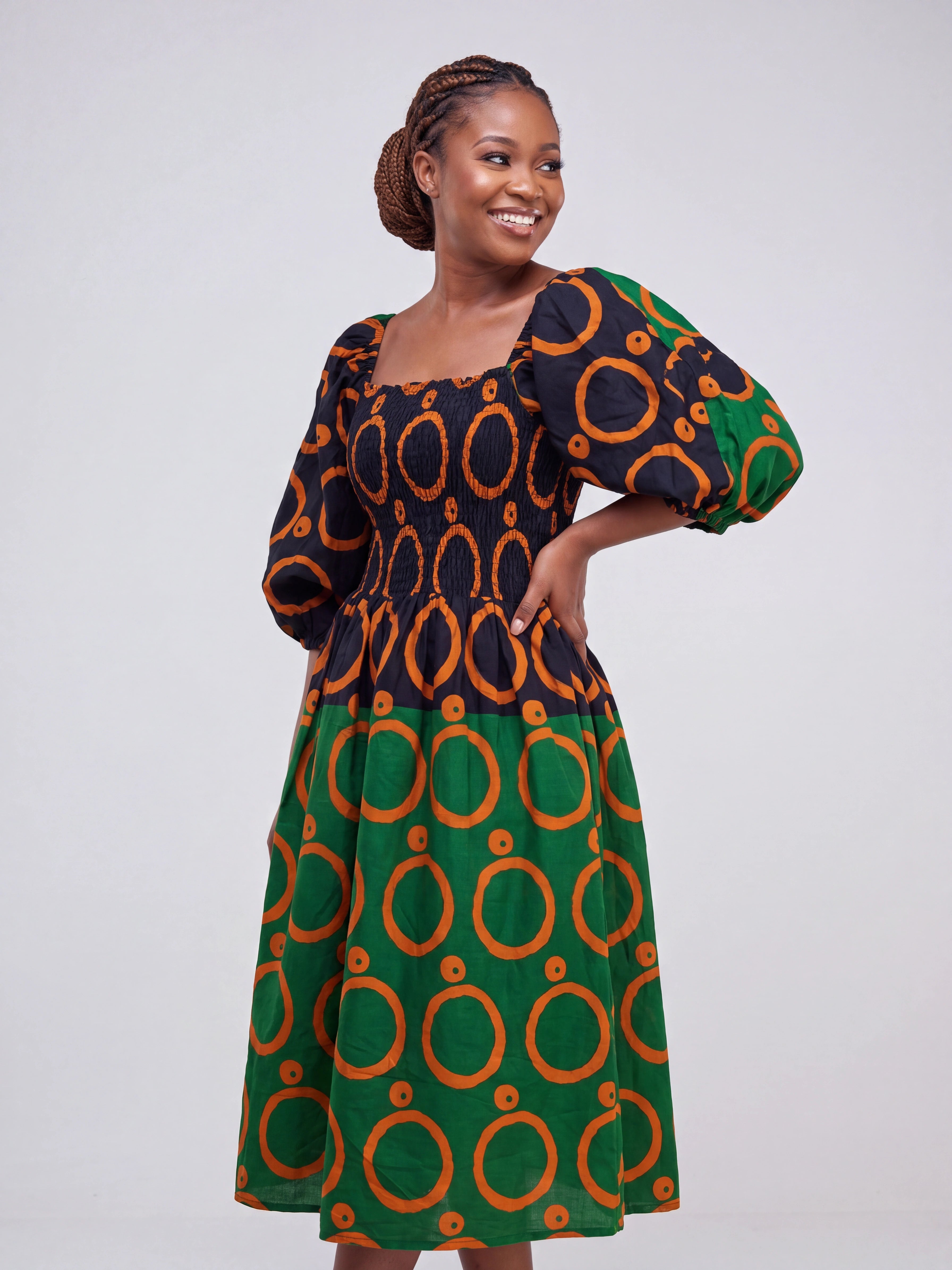 OKI Smocked Flared African Print Gown with Adjustable Elastic Neckline