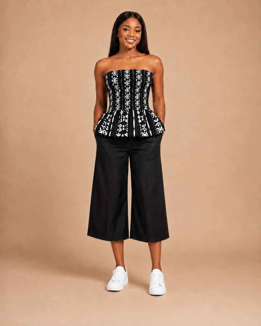 JIRU Black & White Smocked Peplum Trouser Co-ord Set