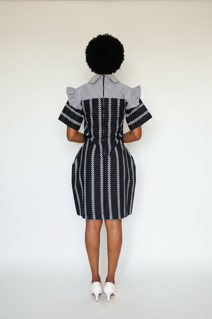 ADEOLA Monochrome Elegance Pocket Dress – Fully Lined African Print Shift Dress