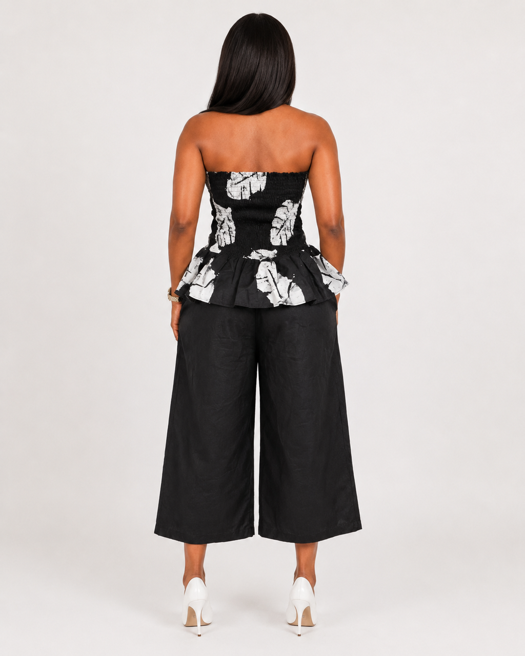JIRU Monochrome Smocked Peplum Trouser Co-ord Set