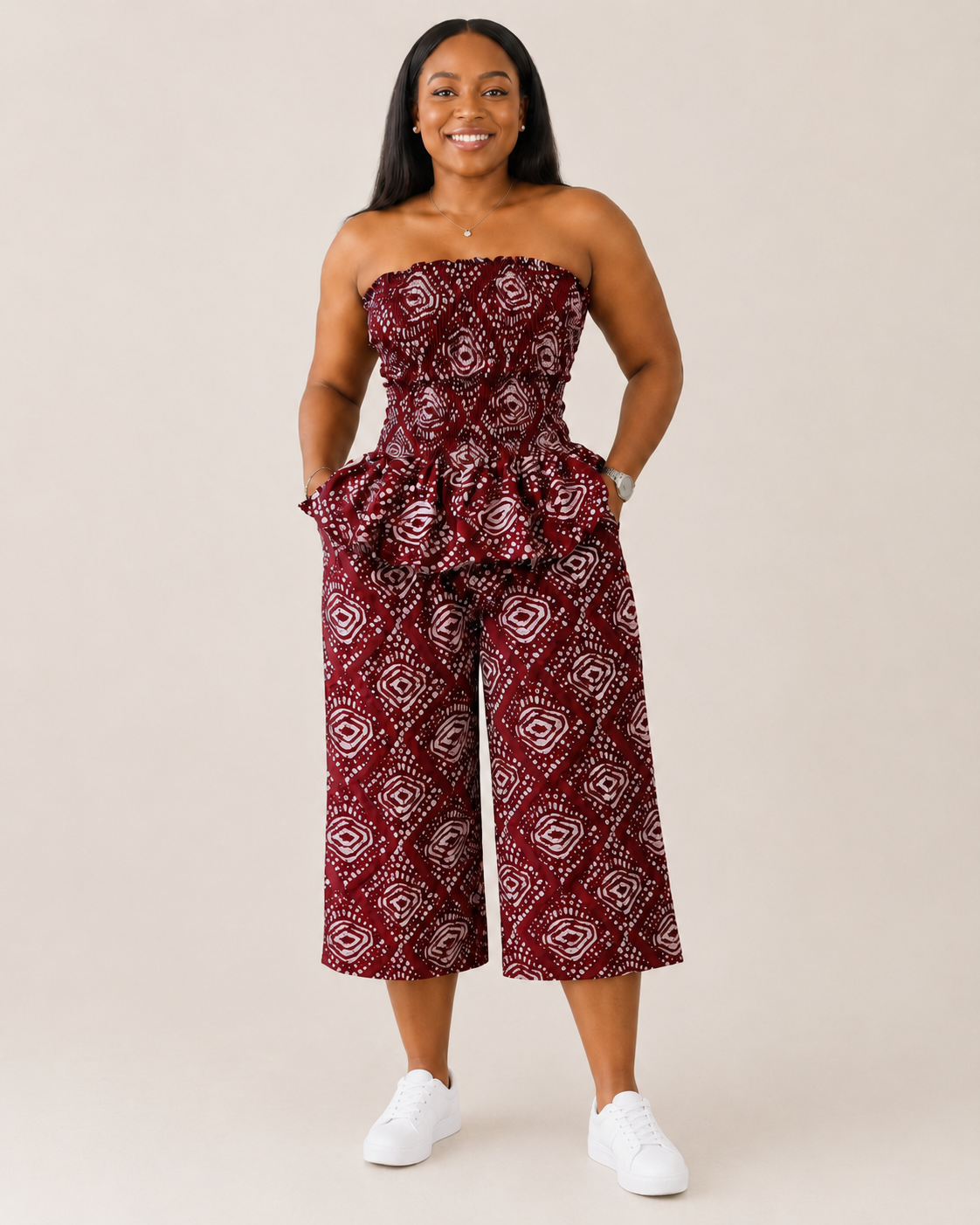 JIRU Burgundy & White Smocked Peplum Trouser Co-ord Set for Women