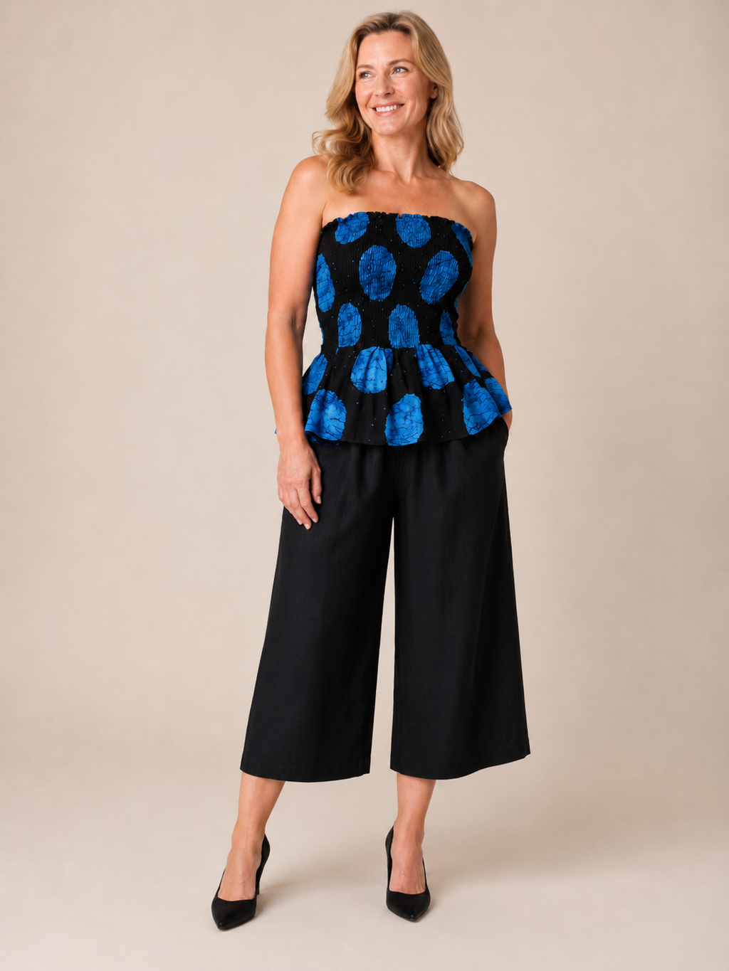 JIRU Blue & Black Smocked Peplum Trouser Co-ord Set for Women