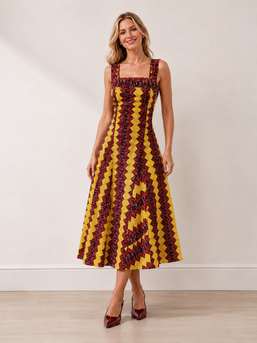 ZEE Side-Ruffle Square-Neck African Print Dress