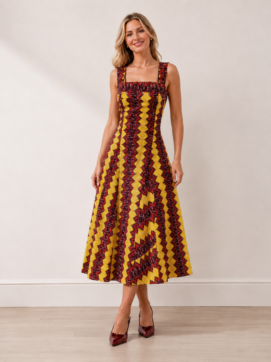 ZEE Side-Ruffle Square-Neck African Print Dress