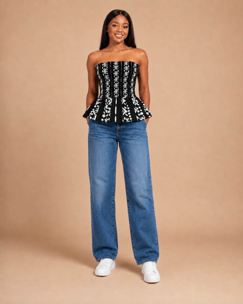 JIRU Black & White Smocked Peplum Trouser Co-ord Set