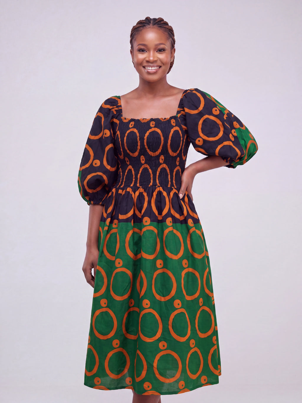 OKI Smocked Flared African Print Gown with Adjustable Elastic Neckline