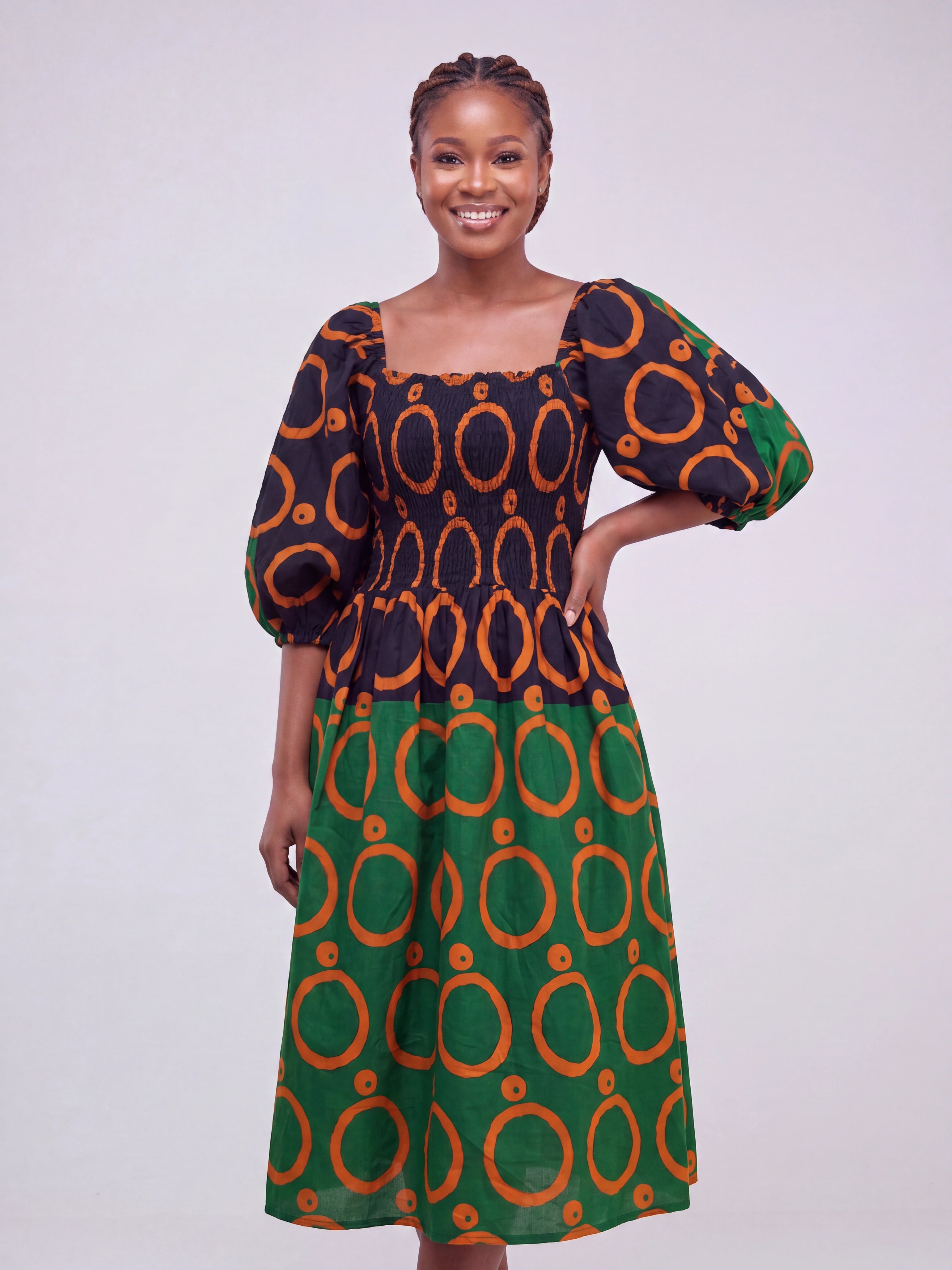 OKI Smocked Flared African Print Gown with Adjustable Elastic Neckline
