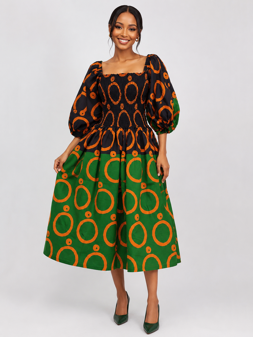 OKI Smocked Flared African Print Gown with Adjustable Elastic Neckline
