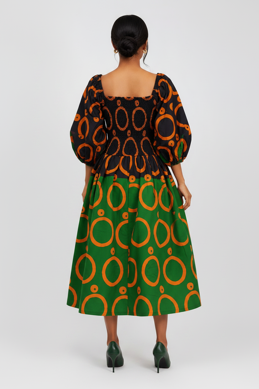 OKI Smocked Flared African Print Gown with Adjustable Elastic Neckline